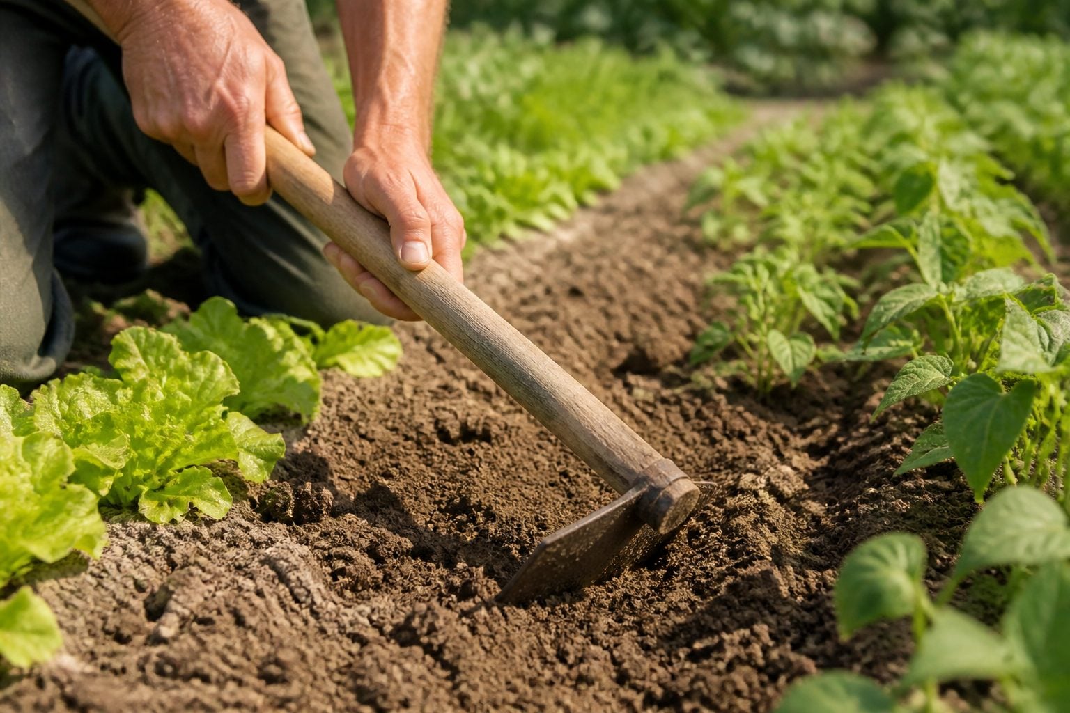 Mains d’un jardinier grattant la surface de la terre avec une binette entre deux rangs de jeunes légumes