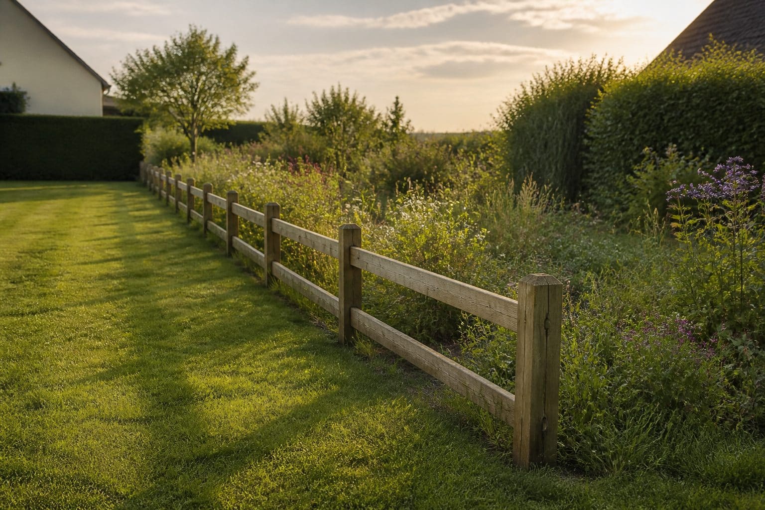 Une clôture en bois basse sépare deux jardins de particuliers, en fin d'après-midi