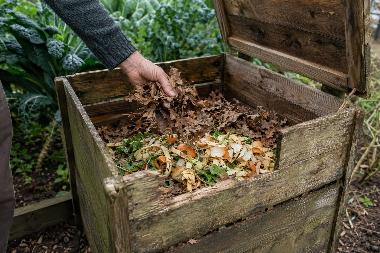 Feuilles sèches ajoutées sur des épluchures dans un composteur en bois