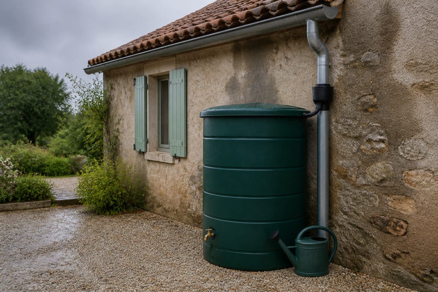 Une cuve de récupération d’eau de pluie posée contre un mur de maison, raccordée à la descente de gouttière