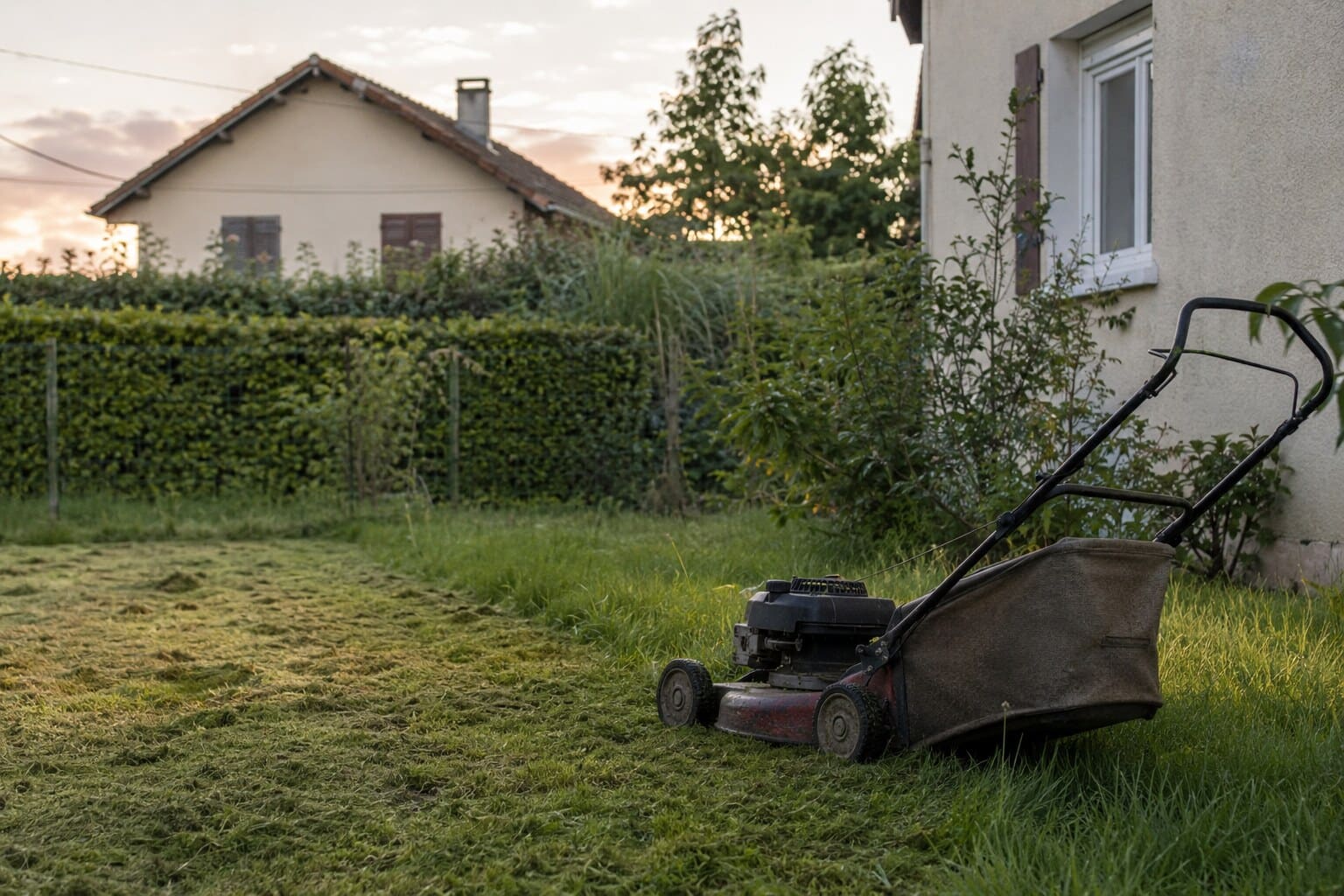 Tonte d’une pelouse dans un jardin résidentiel en fin de journée