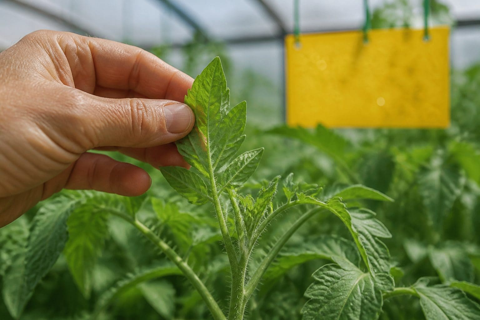Une main soulève une jeune feuille de tomate au sommet du plant pour regarder dessous, sous une serre où pend un panneau jaune englué