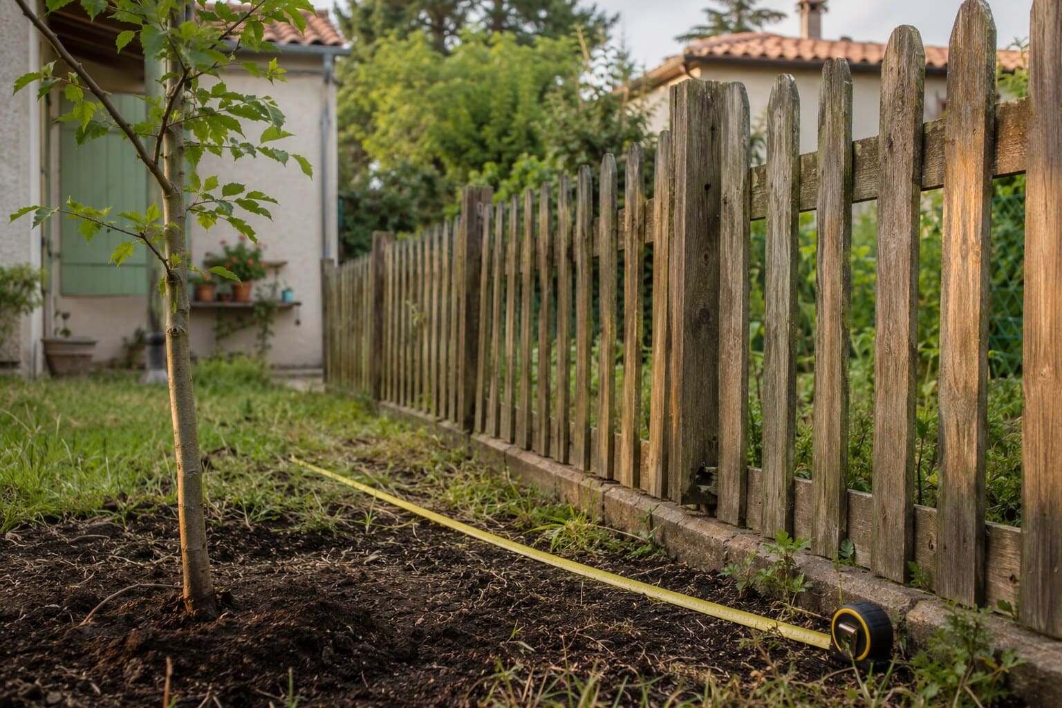 Distance mesurée entre un jeune arbre et la clôture séparative du voisin