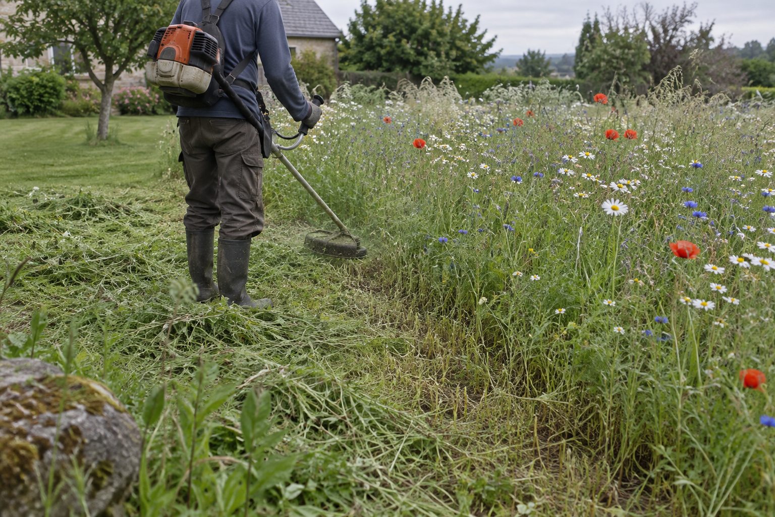Une personne fauche à la débroussailleuse à dos une bande d’une prairie fleurie, en laissant une chaume d’une dizaine de centimètres, à côté de la pelouse tondue du même jardin
