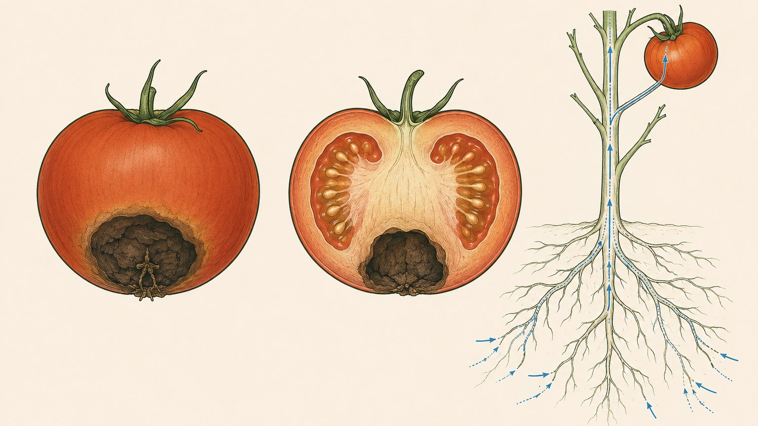 Schéma d’une tomate touchée par le cul noir, tache sèche à l’opposé du pédoncule